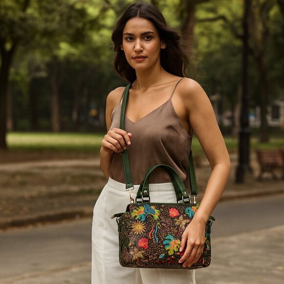 5-Pc Women’s Combo Set–Printed Fabric Satchel, Phone Wallet, Wristlet & Pouches - Picture 3 of 9